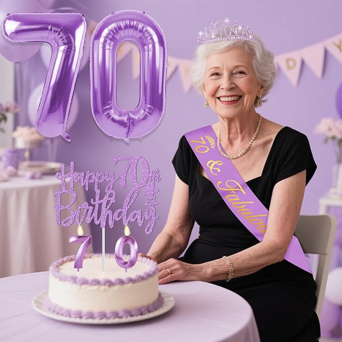 70th Birthday Decorations for Women Purple with 70th Birthday Sash