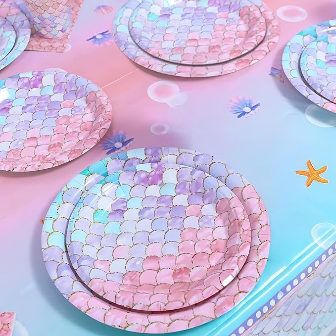 48 Pcs Mermaid Birthday Party Decorations Plates Set for 24