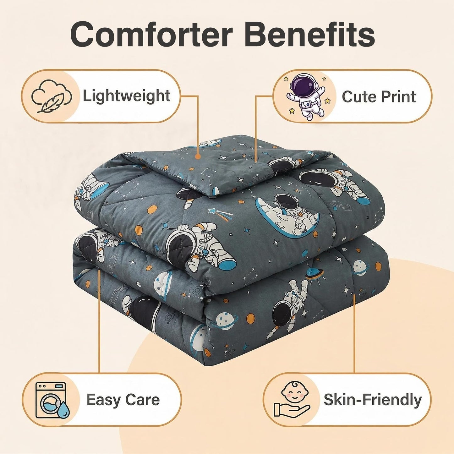 JSD Grey Astronaut Kids Comforter Set Twin Size, 2 Piece Space Theme
