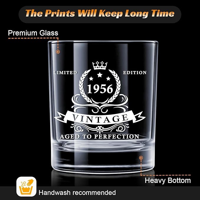 LIGHTEN LIFE 70th Birthday Gifts for Men 12 OZ 1956 Whiskey Glass in