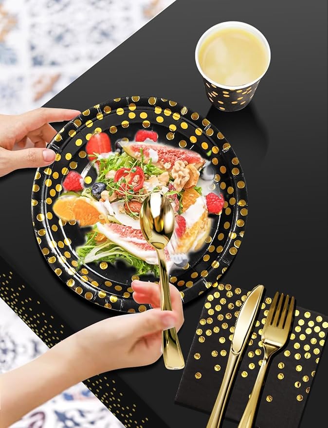 Nkaiso 141 Pieces Black Gold Party Supplies, Disposable Party