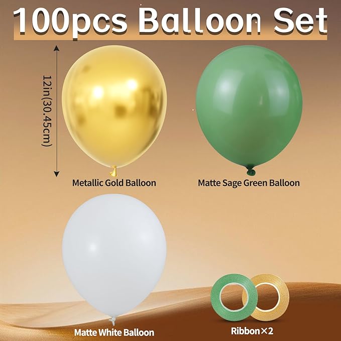 100pcs Sage Green and Gold Balloons 12 inch Latex Party Balloons with