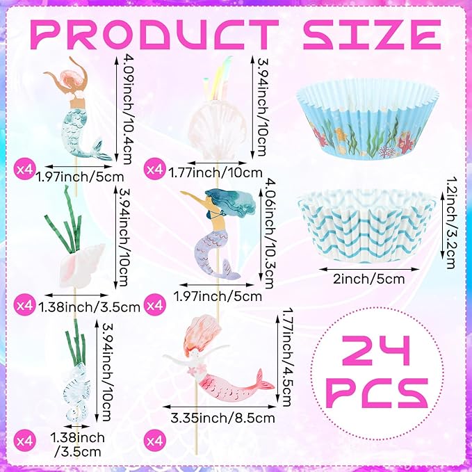 48 Pcs Mermaid Cupcake Kit Include 24 Mermaid Cake Topper 24 Ocean