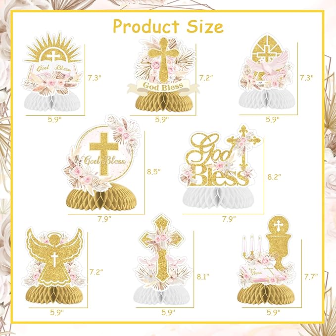 8 Pieces Baptism Honeycomb Centerpieces for Girls Pampas Grass