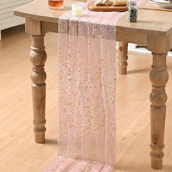 Artoid Mode Gold Gauze Pink Table Runner 120 Inch 10FT, Glitter