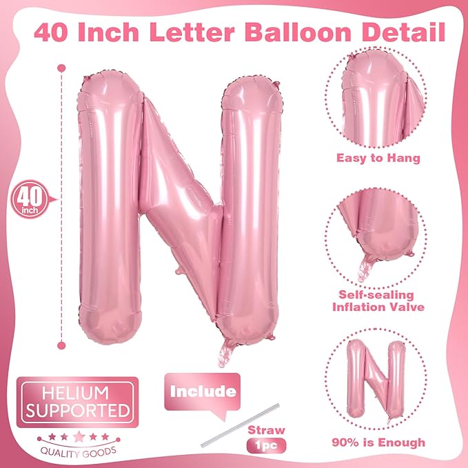Pastel Pink N Letter Balloon, 40 Inch Giant Light Pink Mylar Helium