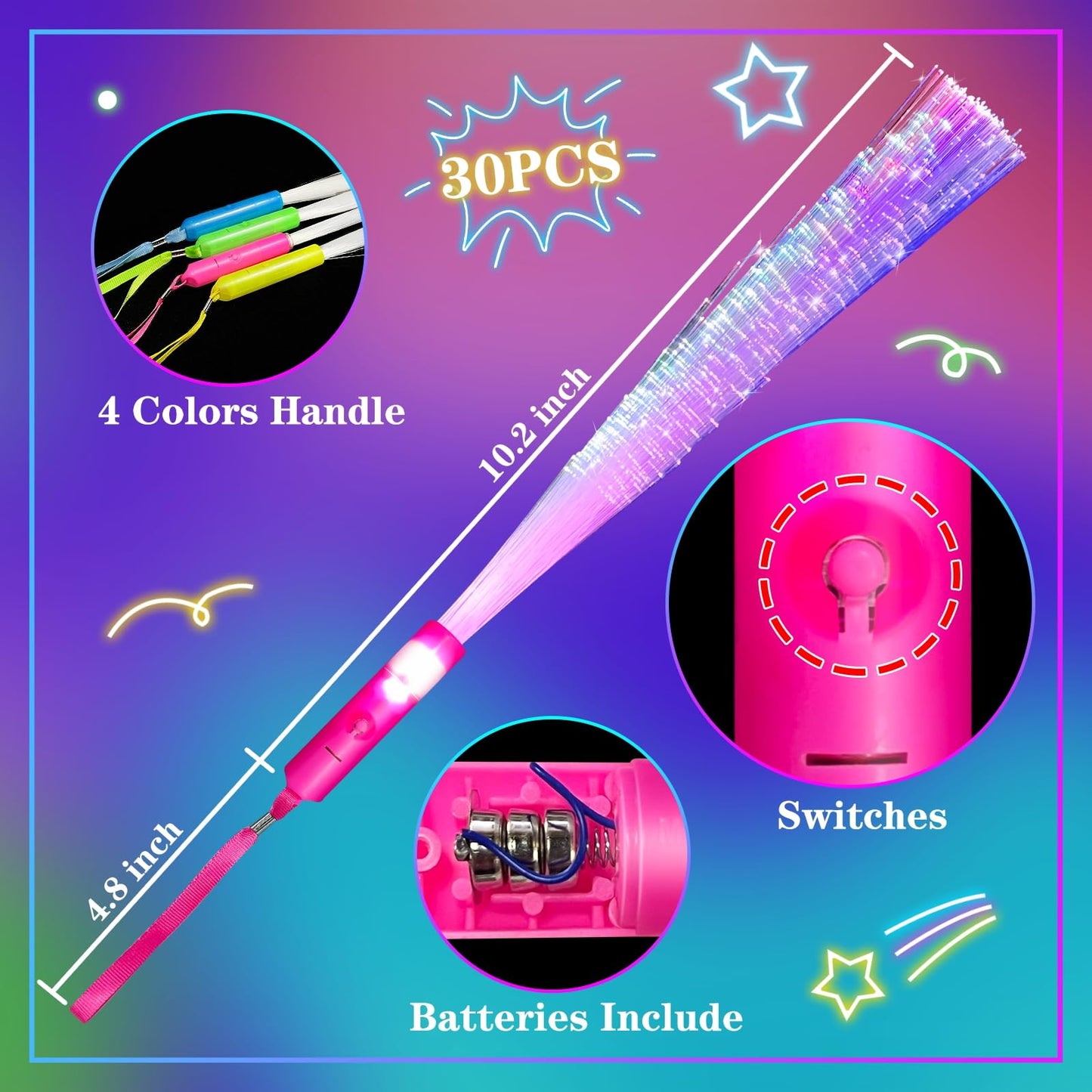 TURNMEON 30 Pcs Colorful Glow Fiber Wands,Toys Glow Sticks Bulk Party