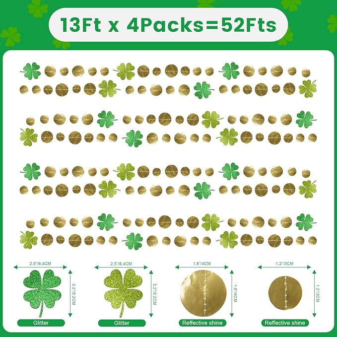 52Ft Shamrock Garlands 4Packs Glitter Green St Patrick's Day