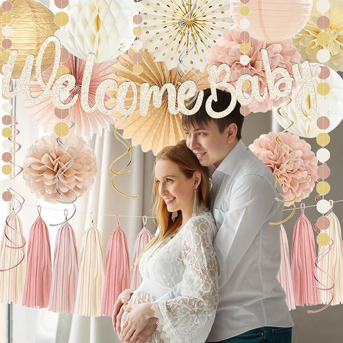 Champagne Gold Boho Baby Shower Party Decoration Welcome Baby Banner