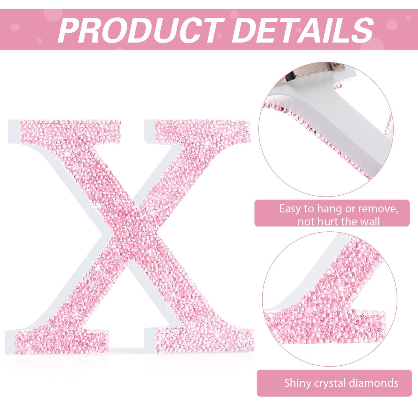 Qunclay Pink Crystal Diamond Letter Wall Decor, Glitter Wooden Bling