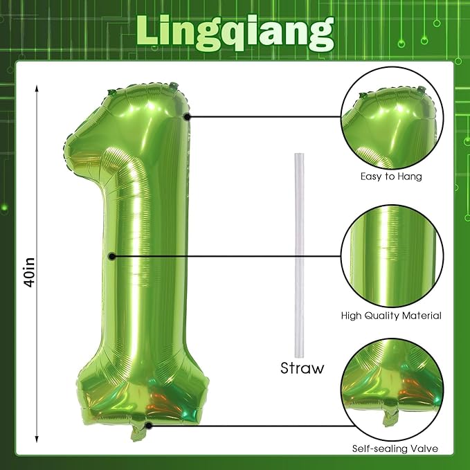 40 Inch Green Number 1 Balloon for 1st Birthday Decoration, Large