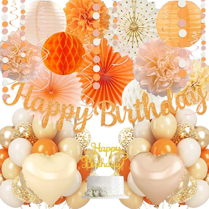 Orange Peach Fall Boho Birthday Party Decorations 62pcs Happy