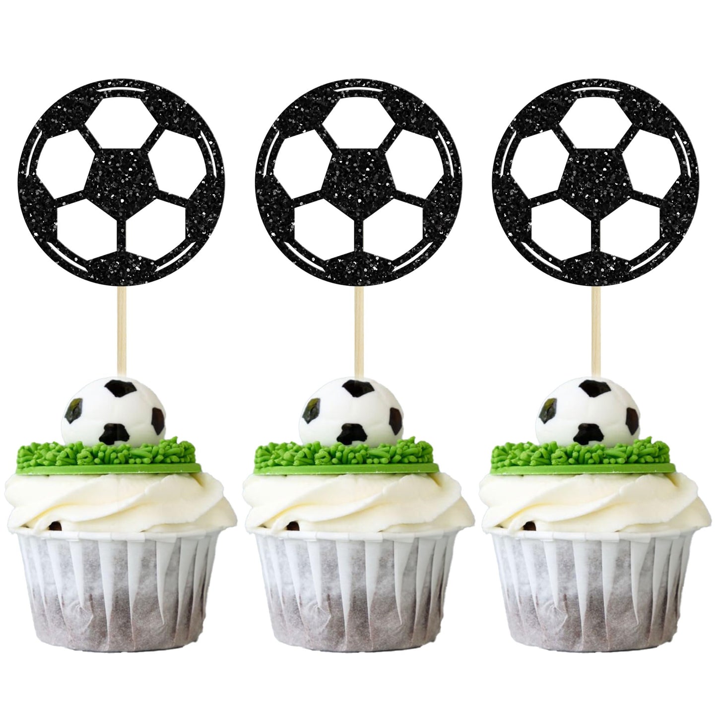 24Pcs Soccer Ball Cupcake Toppers Black Glitter Sports Theme Football