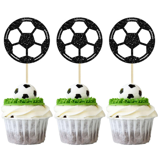 24Pcs Soccer Ball Cupcake Toppers Black Glitter Sports Theme Football