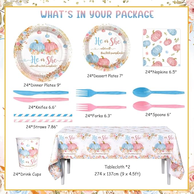 194 PCS Pumpkin Gender Reveal Decorations Pumpkin Paper Plates Cups