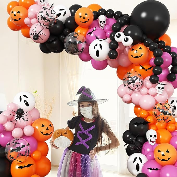 Halloween Balloon Arch Pink Black Orange Balloons Garland 3D Bat