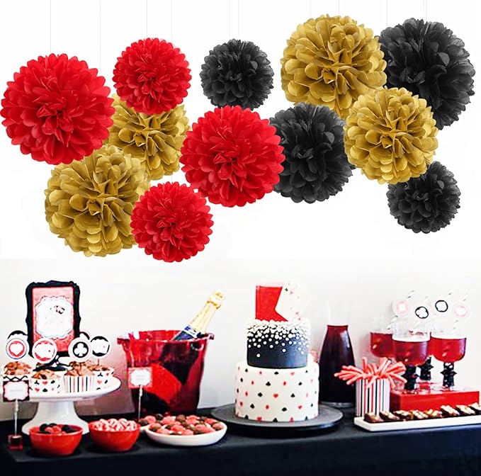 Red Black Gold Party Decorations Tissue Pom Poms 12pcs Game Night