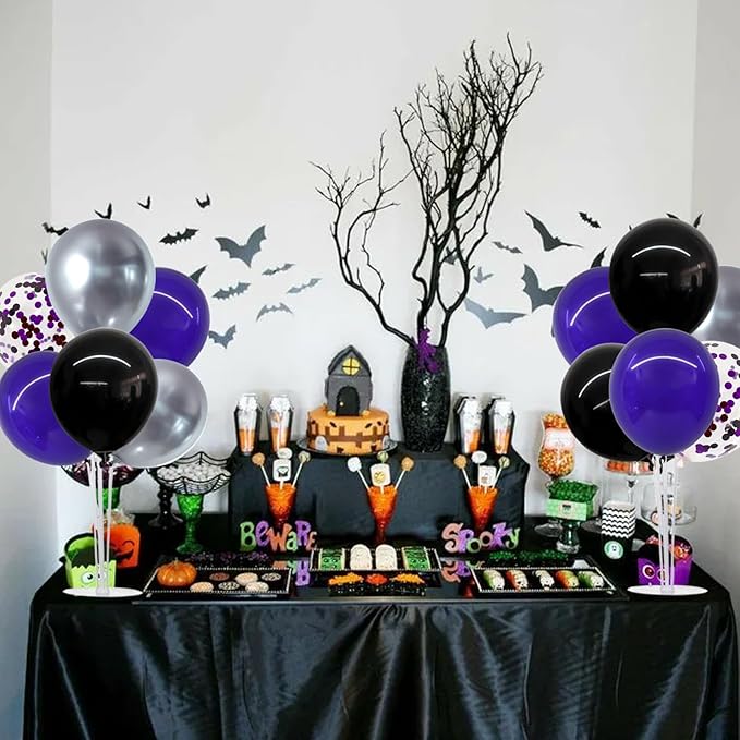 Halloween Balloons Black Silver Purple Confetti Balloons Stand