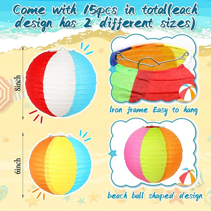 15Pcs Pool Party Decorations Beach Ball Paper Lanterns Summer