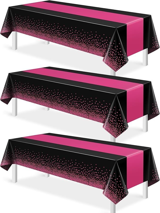 3Pcs Black Hot Pink Tablecloth Party Decorations,Plastic Black Table