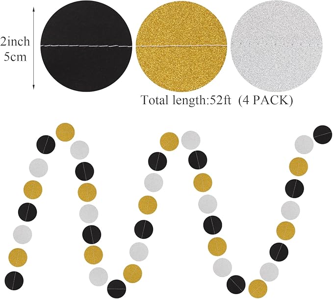 Silver Black Gold Party Decorations - 52Ft Paper Streamers Garland