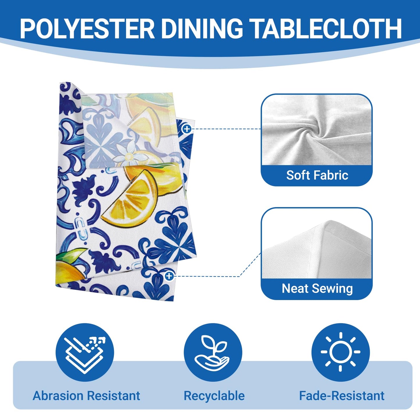 Livcoz Blue Lemon Italy Tile Pattern Rectangle Tablecloth 60 x 84