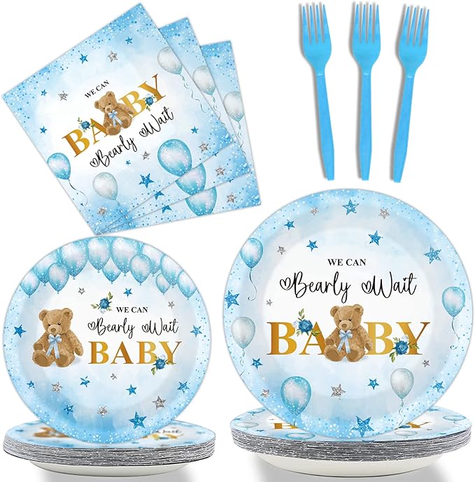 96PCS Bear Baby Shower Tableware Set We Can Bearly Wait Dessert