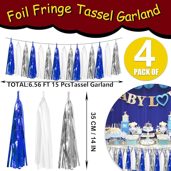 4P Navy Blue White Silver Foil Fringe Tassel Banner Garland Metallic