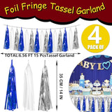 4P Navy Blue White Silver Foil Fringe Tassel Banner Garland Metallic