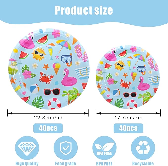 Eunika 80 PCS Summer Beach Party Paper Plates 40 PCS 9 Inch & 40 PCS