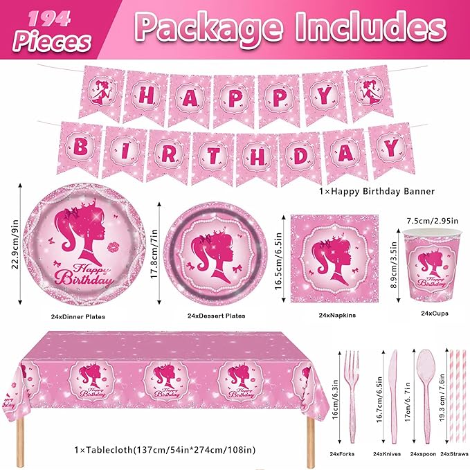 194 Pcs Pink Princess Party Supplies Kit for 24 Guests Disposable