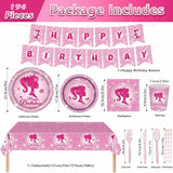 194 Pcs Pink Princess Party Supplies Kit for 24 Guests Disposable