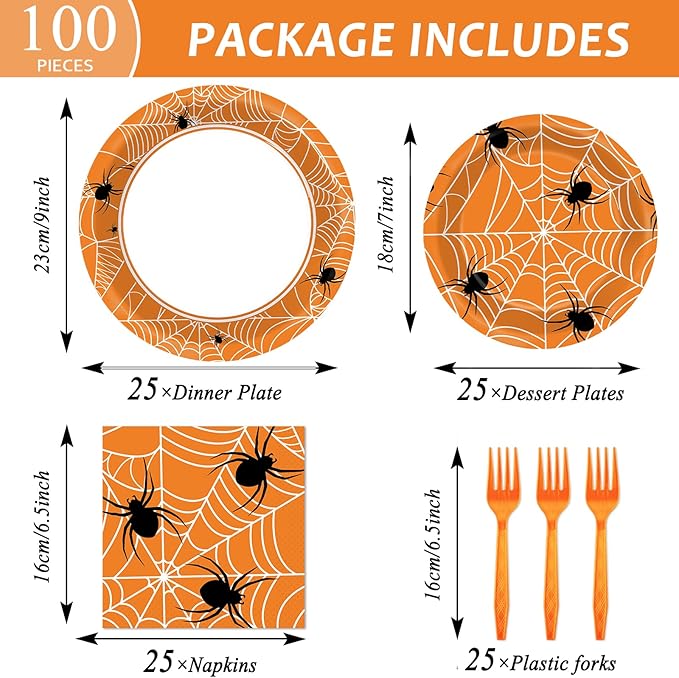 100 Pcs Spiderweb Party Plates and Napkins Black and White Halloween