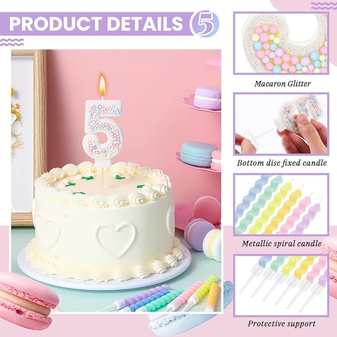 MTLEE Number 5 Birthday Candle with 12 Pcs Spiral Candles for Girls Ma