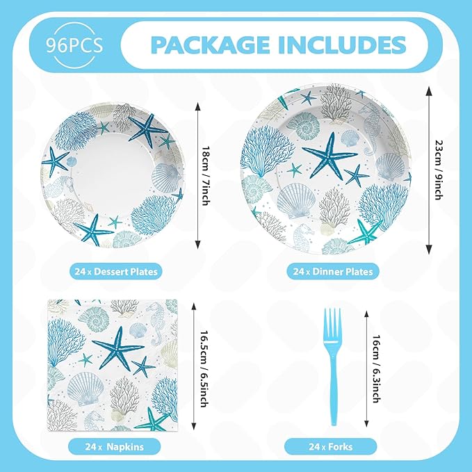 96Pcs Coastal Beach Party Decorations Blue Seashell Starfish Coral