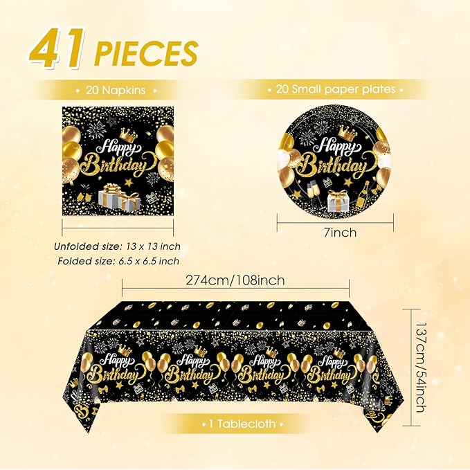 Black and Gold Party Decorations,41Pcs Happy Birthday Plates and