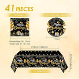 Black and Gold Party Decorations,41Pcs Happy Birthday Plates and