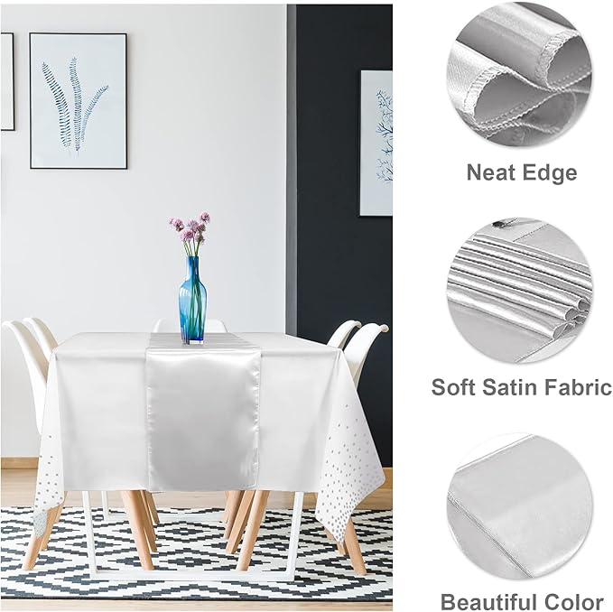 8Pack Disposable Plastic Tablecloths and Satin Table Runner Set White