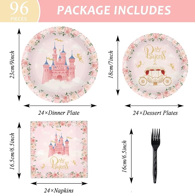 96 Pcs Princess Party Supplies Pink Floral Tableware Set With Plates