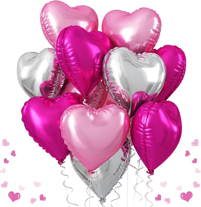 TAOYE 12 Pcs 18 Inch Heart Balloons, Hot Pink Silver and Pink Heart