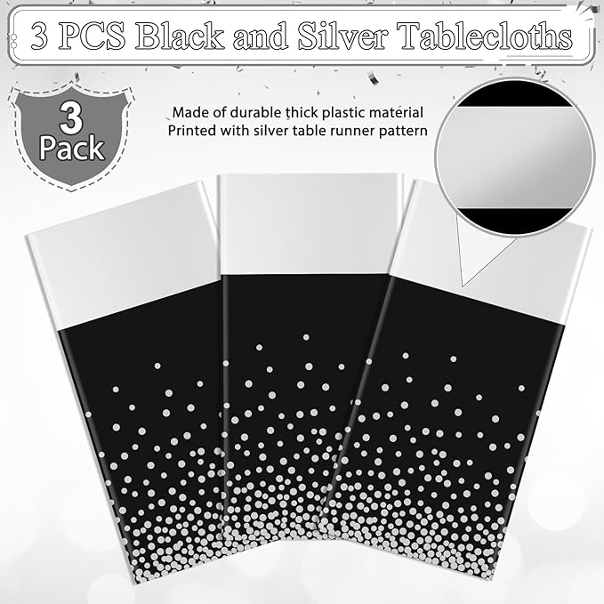 3Pcs Black and Silver Tablecloth Party Decorations,Plastic Black