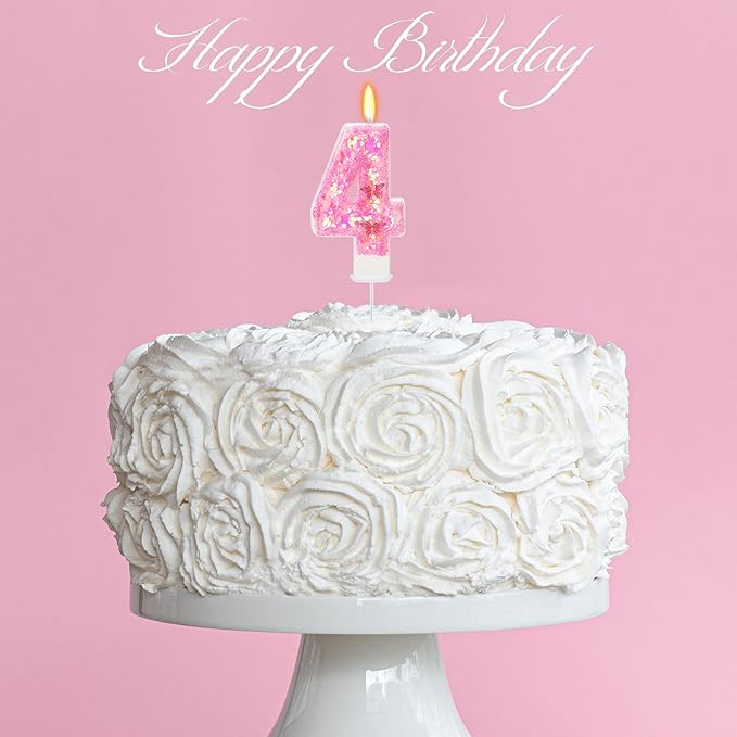 Pink Birthday Candles - Number 4 Candle for Birthday Girl, Butterfly