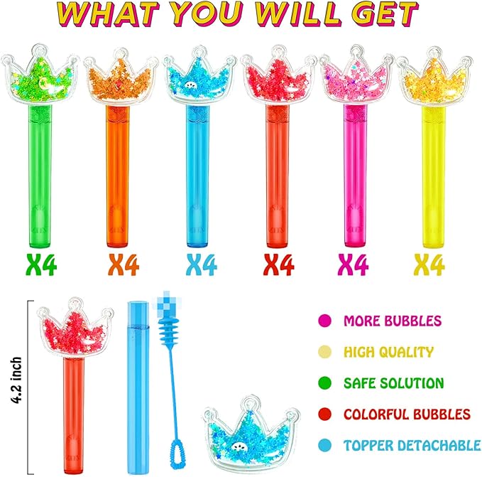 Princess Party Favors 24Pcs Glitter Crown Bubble Wands for Kids