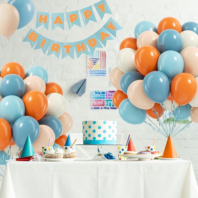 60pcs 12inch Blue and Orange Balloons, Dusty Blue Orange Sand White