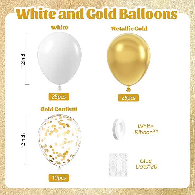 60pcs Gold and White Balloons 12inch, White and Gold Balloons with