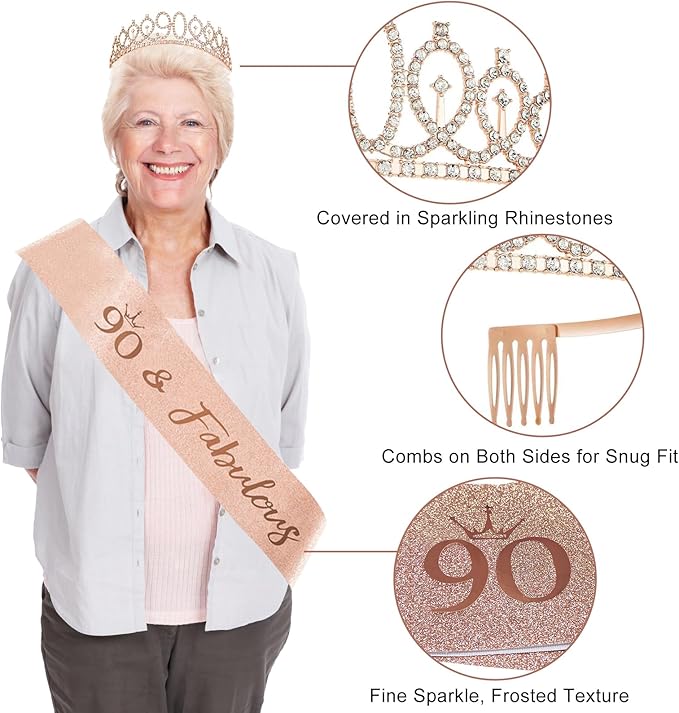 90th Birthday Decorations for Women 33pcs 90th Crown and Sash Black