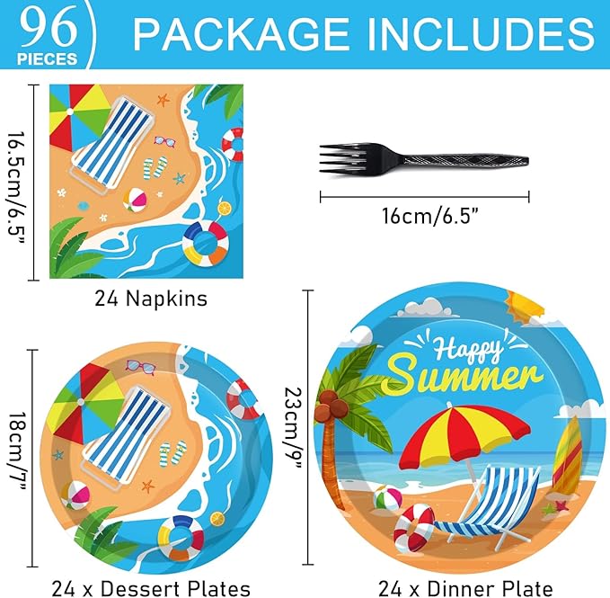 96 Pcs Beach Party Supplies Paper Plates Napkins Summer Beach