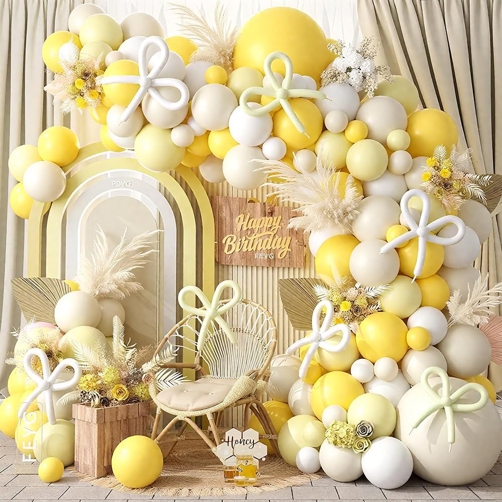 Mustard Yellow Bow Balloon Arch Kit, Sand White Pastel Yellow Balloon