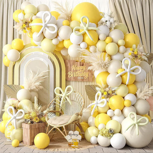 Mustard Yellow Bow Balloon Arch Kit, Sand White Pastel Yellow Balloon