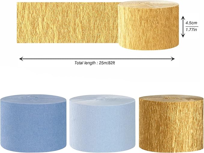 Light-Dusty Blue Gold Party-Decorations Streamers - 9 Rolls Birthday